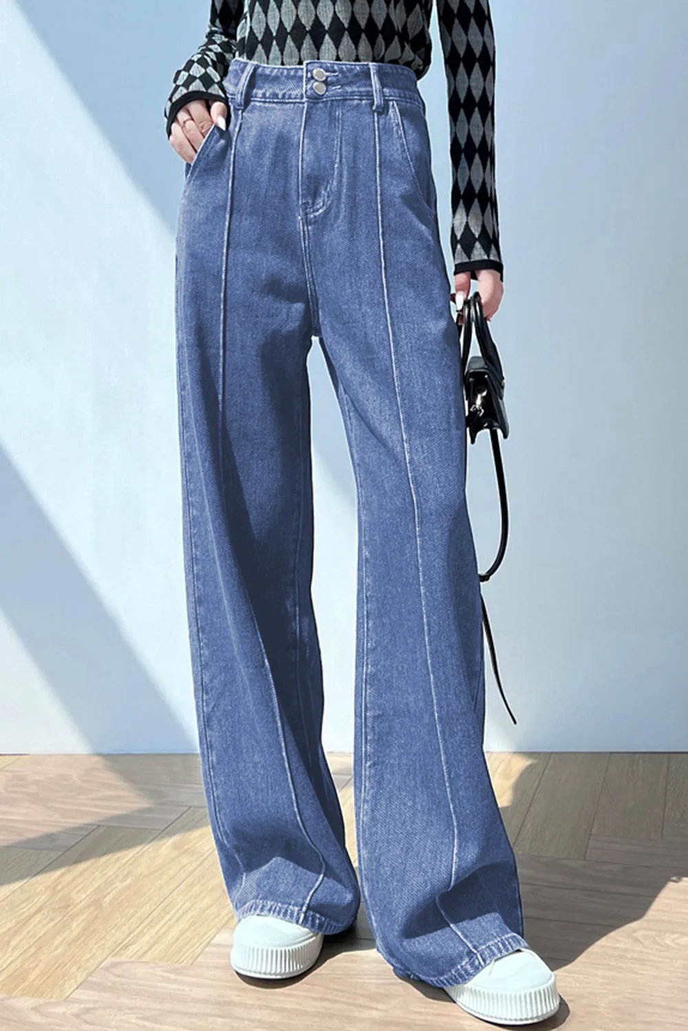 Womens Wide Leg Jeans Casual Baggy High Waisted Stretch Denim Pants