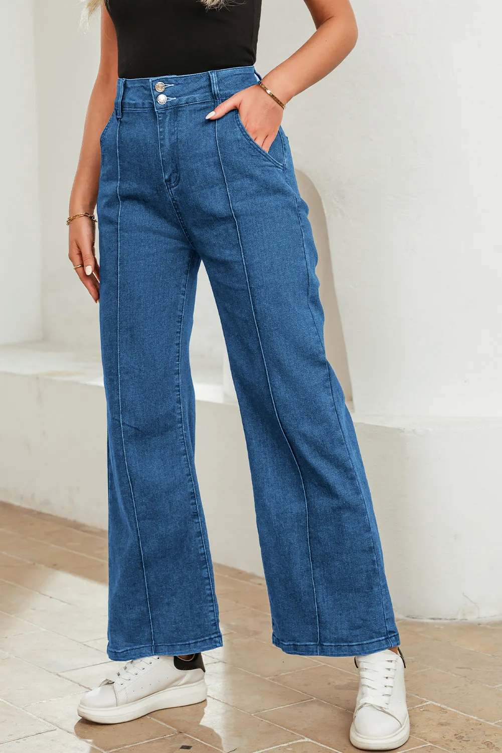 Womens Wide Leg Jeans Casual Baggy High Waisted Stretch Denim Pants