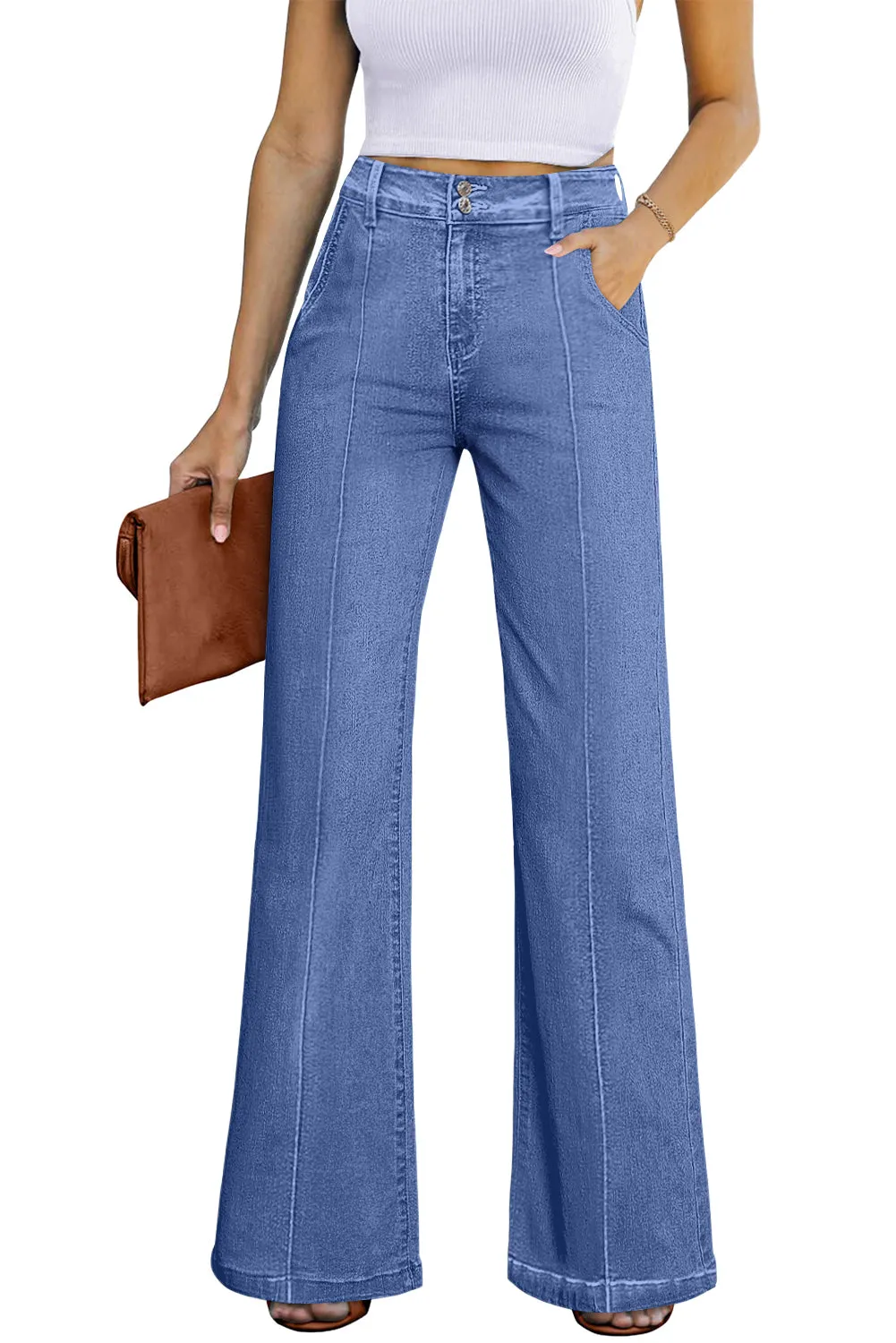 Womens Wide Leg Jeans Casual Baggy High Waisted Stretch Denim Pants