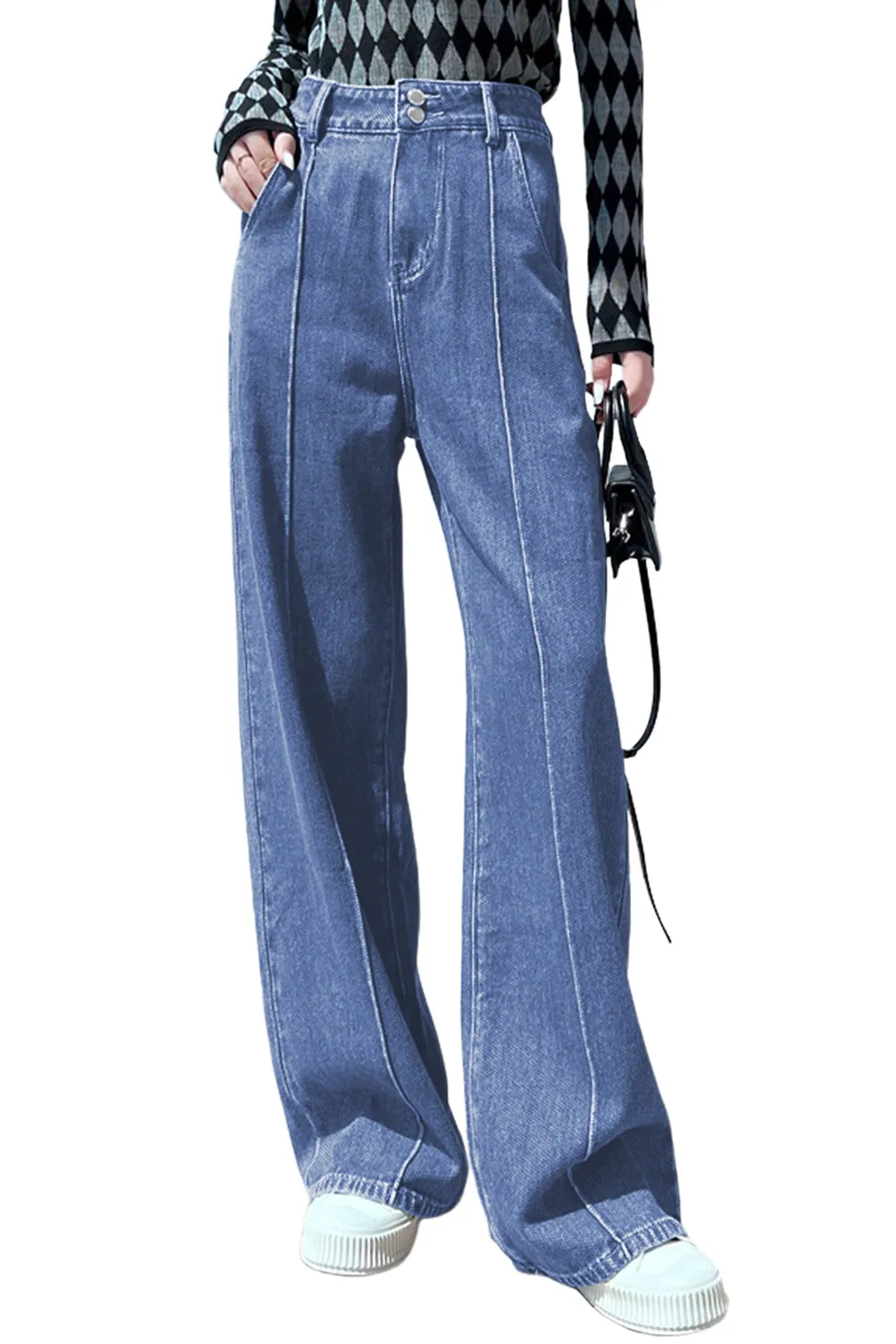 Womens Wide Leg Jeans Casual Baggy High Waisted Stretch Denim Pants