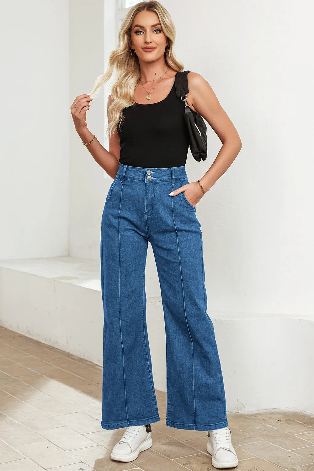 Womens Wide Leg Jeans Casual Baggy High Waisted Stretch Denim Pants