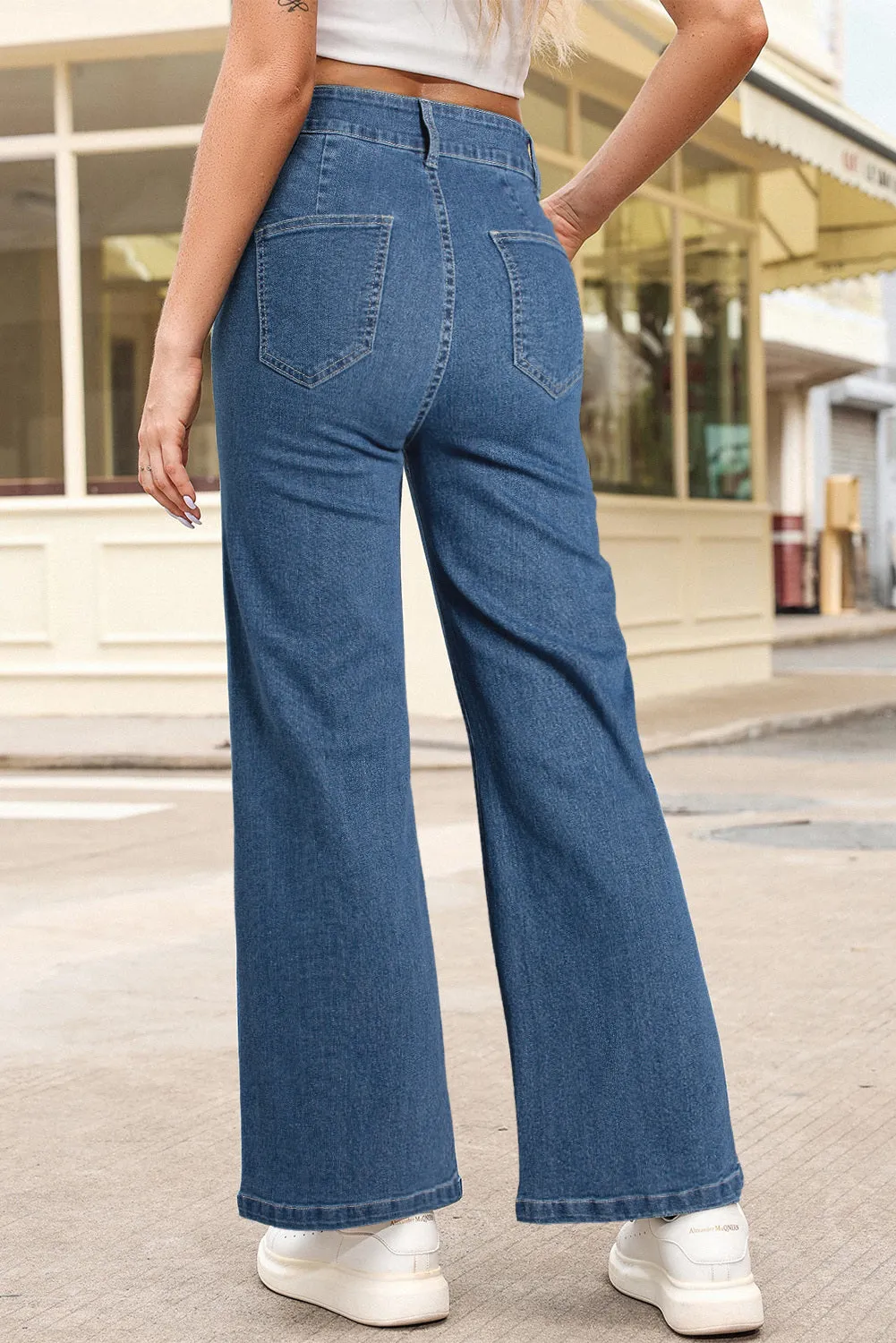 Womens Wide Leg Jeans Casual Baggy High Waisted Stretch Denim Pants