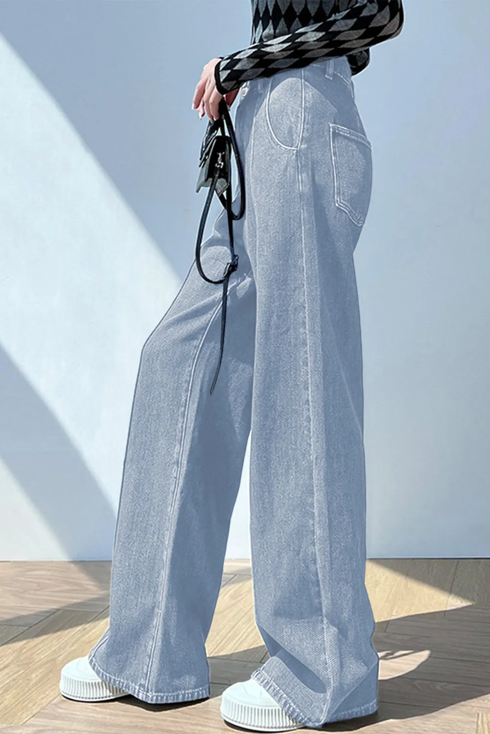 Womens Wide Leg Jeans Casual Baggy High Waisted Stretch Denim Pants