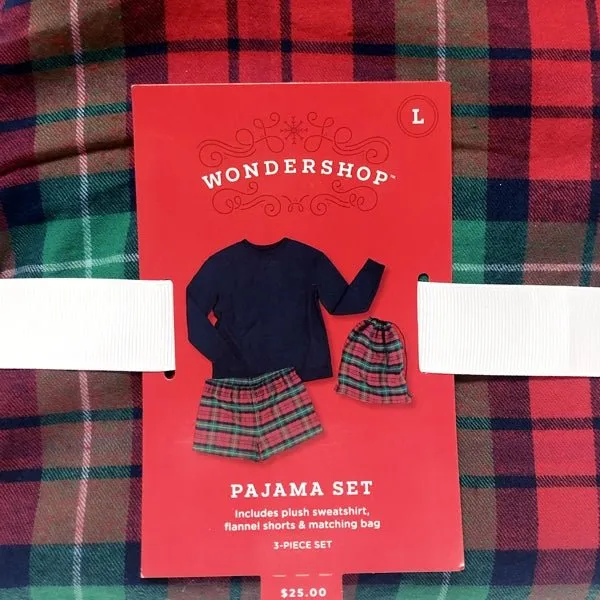 Wondershop Ladies Sweatshirt/Flannel Shorts Pajama Set - Red/Green Tartan (Size Large) Includes Matching Bag