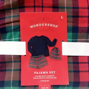 Wondershop Ladies Sweatshirt/Flannel Shorts Pajama Set - Red/Green Tartan (Size Large) Includes Matching Bag