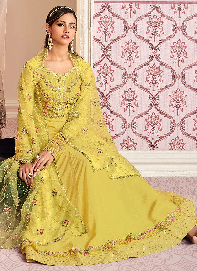 Yellow Floral Embroidered Layered Anarkali Pant Suit