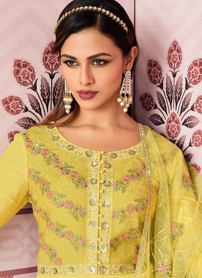 Yellow Floral Embroidered Layered Anarkali Pant Suit