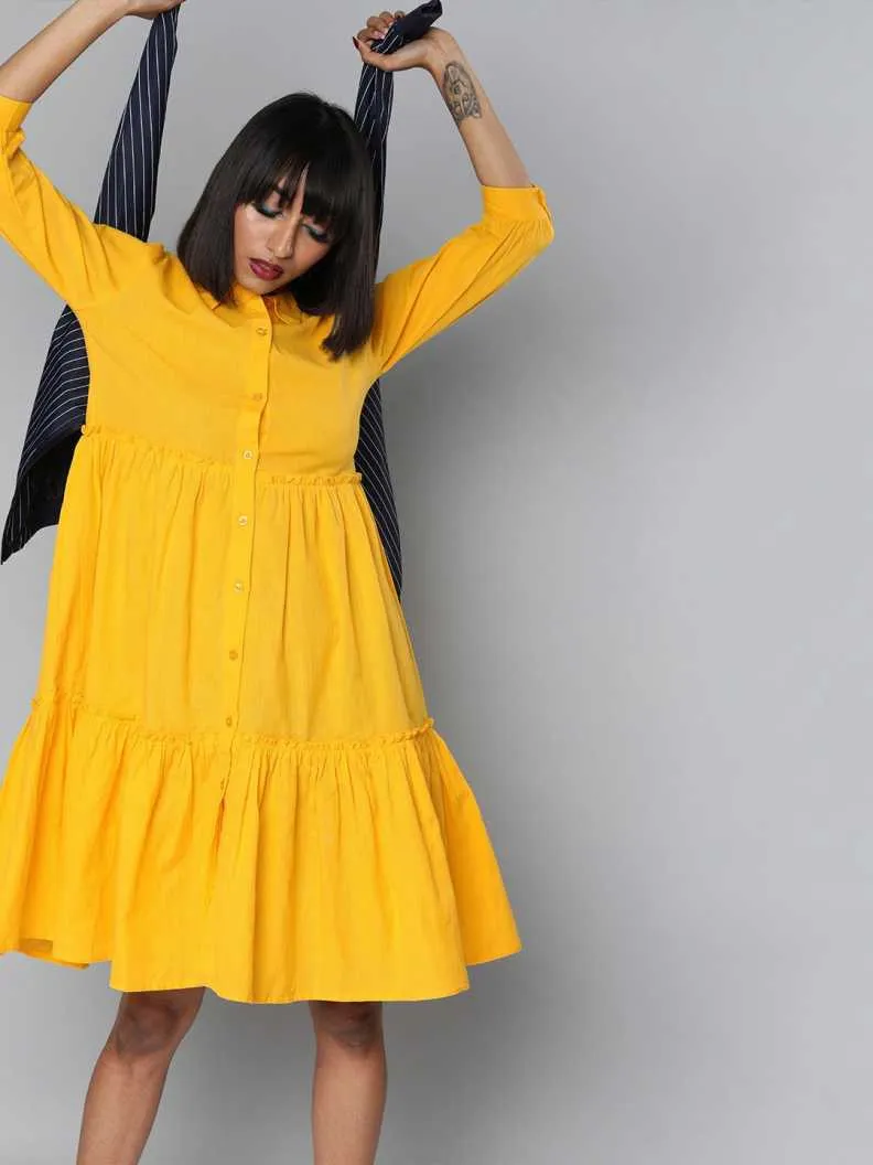 Yellow Front Open Tiered Dress