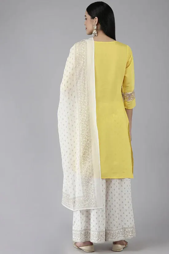 Yellow Poly Silk Embroidered Kurta with Printed Viscose Rayon Bottom & Cotton Dupatta