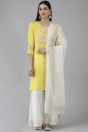 Yellow Poly Silk Embroidered Kurta with Printed Viscose Rayon Bottom & Cotton Dupatta